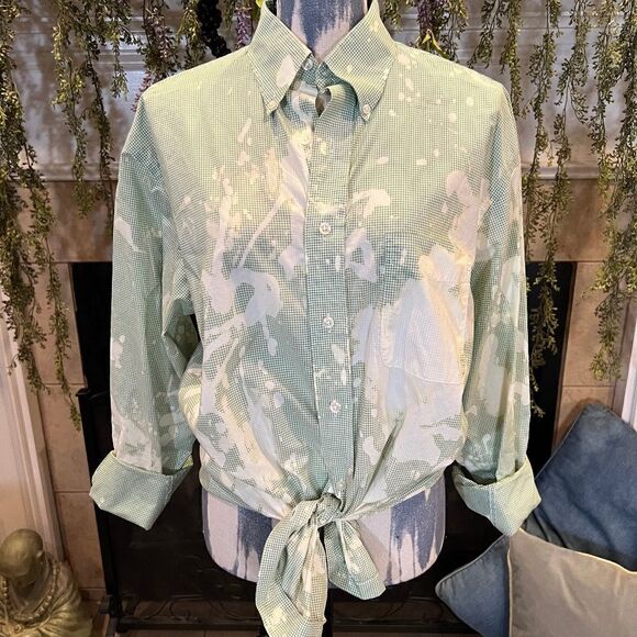 Preppy M oversized green checked bleached button down shirt - Picture 1 of 8